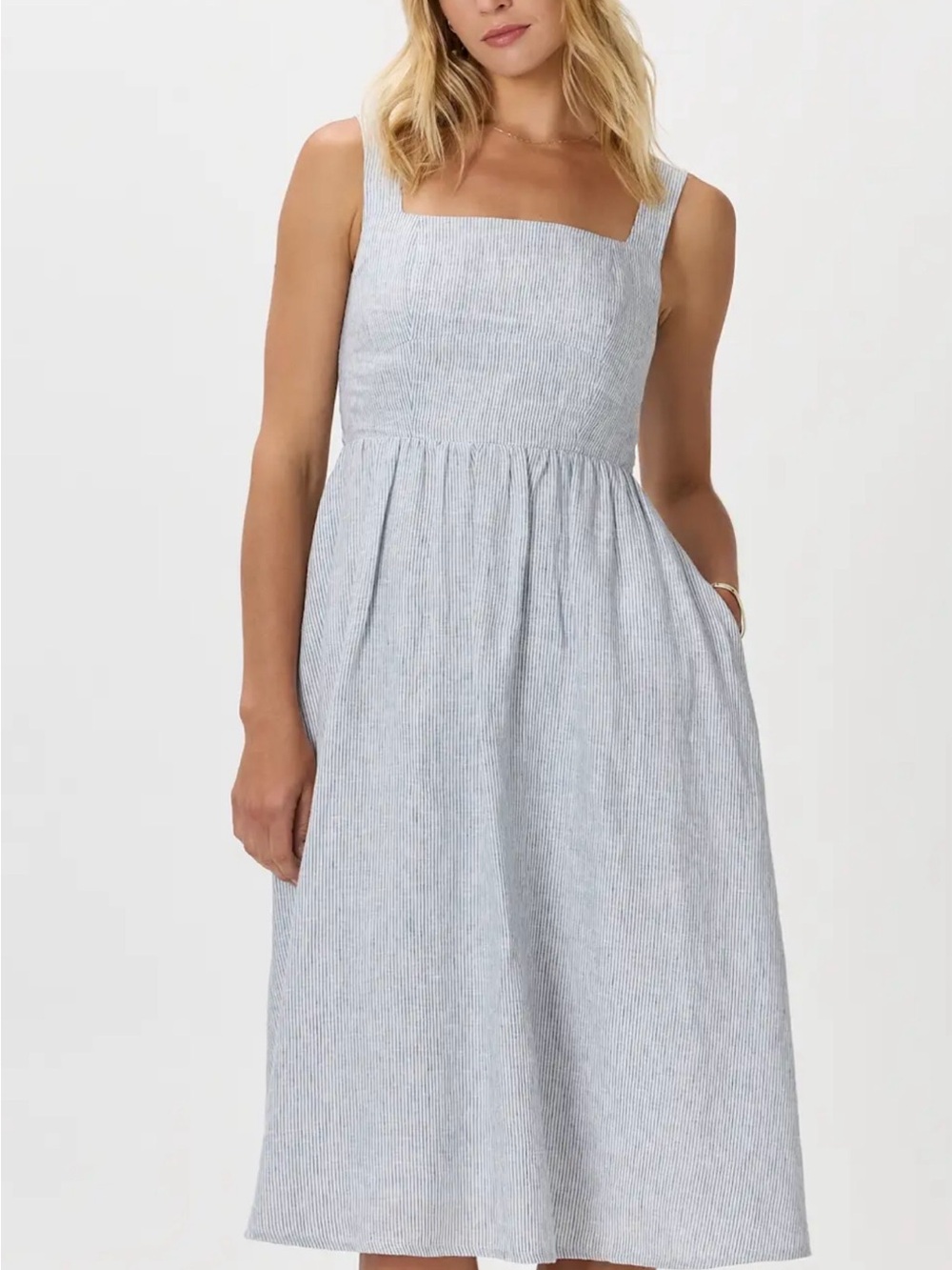 Quince Light Blue Stripe Square-Neck Linen Midi Dress
